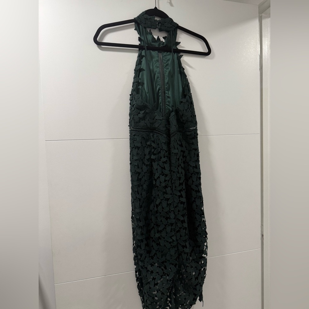 Bardot Gemma halter lace sheath dress dark forest green